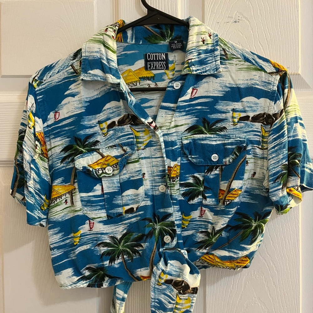 Cotton Express Tropical Tiki Print Button Up Crop Top Size Medium